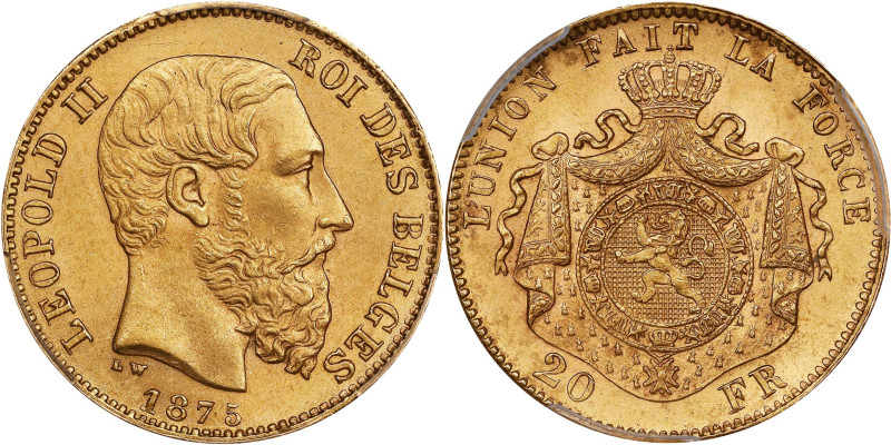 BELGIUM. 20 Francs, 1875. Brussels Mint. Leopold II. PCGS MS-64.
Fr-412; KM-37....