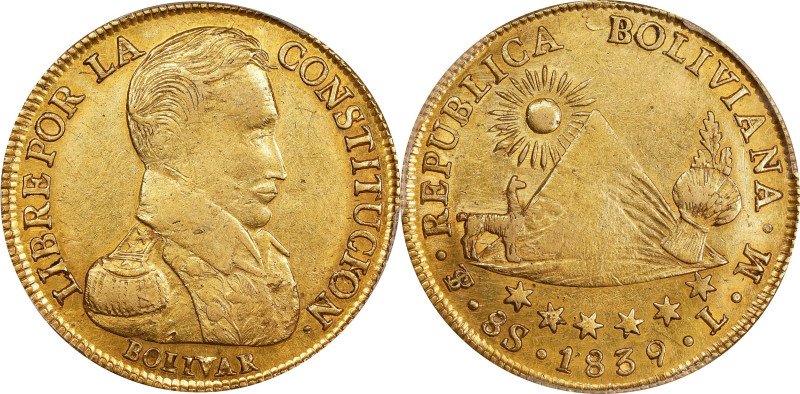 BOLIVIA. 8 Scudos, 1839/8-PTS LM. Potosi Mint. PCGS Genuine--Scratch, AU Details...