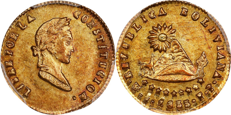 BOLIVIA. 1/2 Scudo, 1855-PTS FP. Potosi Mint. PCGS MS-61.
Fr-36; KM-113.

Est...