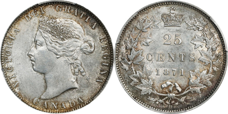 CANADA. 25 Cents, 1871-H. Birmingham (Heaton) Mint. Victoria. PCGS AU-58.
KM-5....