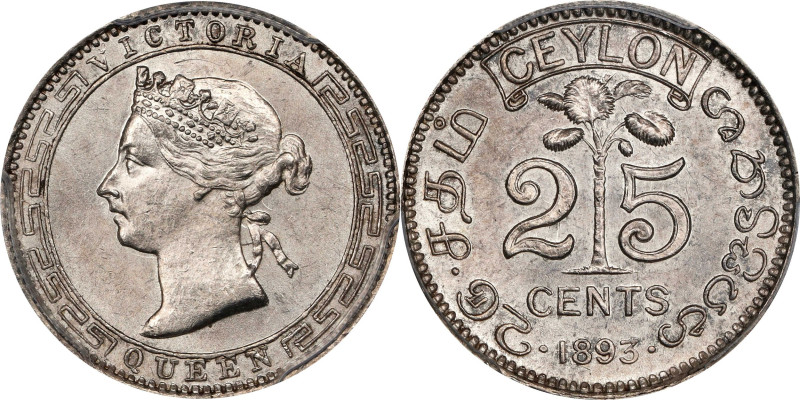 CEYLON. 25 Cents, 1893. London Mint. Victoria. PCGS MS-63.
KM-95.

Estimate: ...