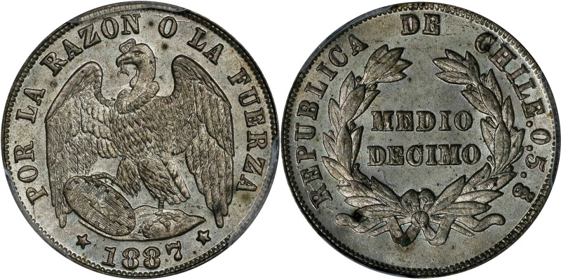 CHILE. 1/2 Decimo, 1887-So. Santiago Mint. PCGS MS-65.
KM-137.3.

Estimate: $...