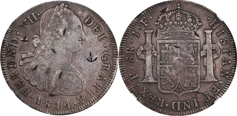 COLOMBIA. 8 Reales, 1814-P JF. Popayan Mint. Ferdinand VII. NGC VF Details--Test...