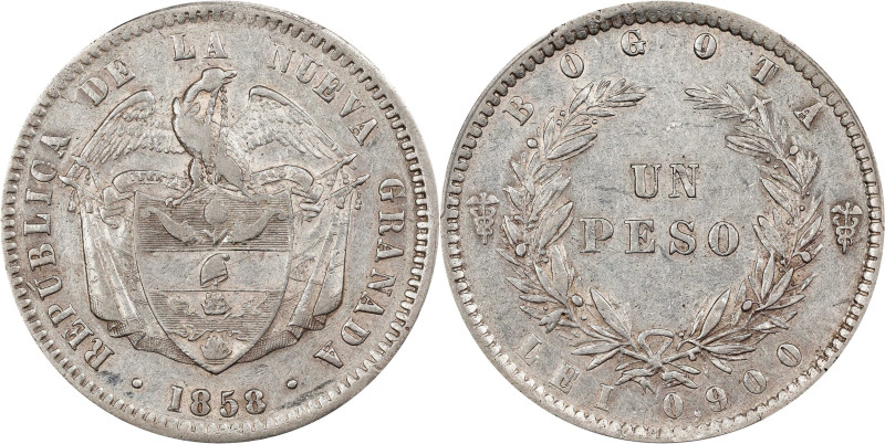 COLOMBIA. Peso, 1858-BOGOTA. Bogota Mint. PCGS AU-53.
KM-118; Restrepo-198.9.
...