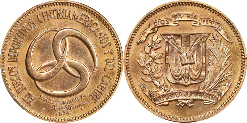 DOMINICAN REPUBLIC. 30 Pesos, 1974. PCGS MS-68.
Fr-2; KM-36. AGW: 0.3385 oz. St...