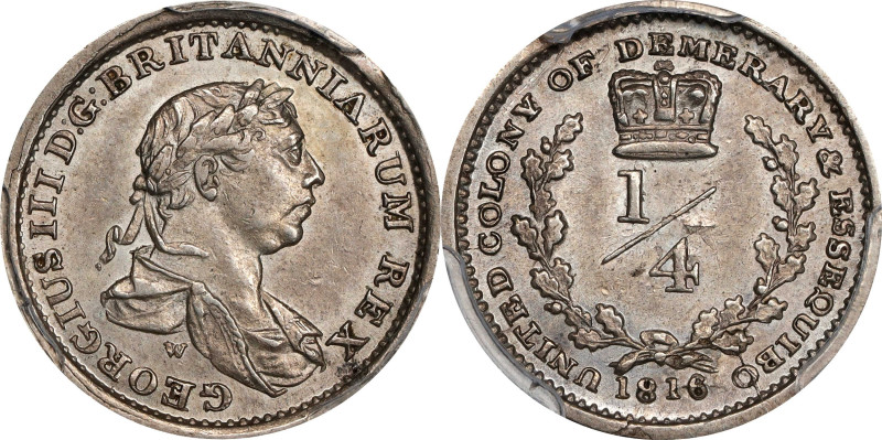 ESSEQUIBO & DEMERARY. 1/4 Guilder, 1816. London Mint. George III. PCGS MS-62.
K...