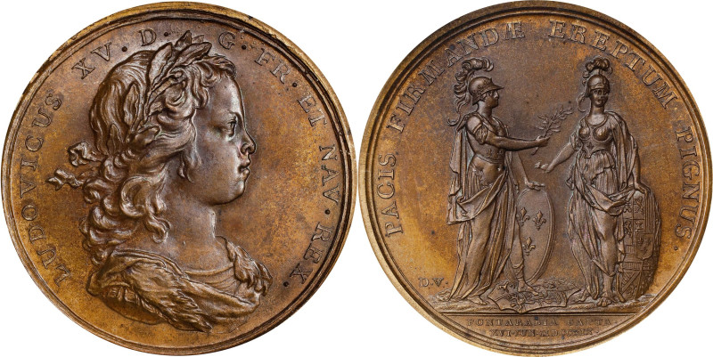 FRANCE. Louis XV/Capture of Fuenterrabia Bronze Medal, 1719. PCGS MS-64 Brown.
...