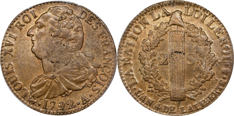 FRANCE. 2 Sols (24 Deniers), 1792-A/Year 4. Paris Mint. Louis XVI. PCGS MS-62.
...