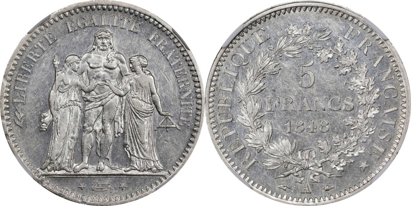 FRANCE. 5 Francs, 1848-A. Paris Mint. NGC AU-58.
Dav-92; KM-756.1; Gad-683.

...