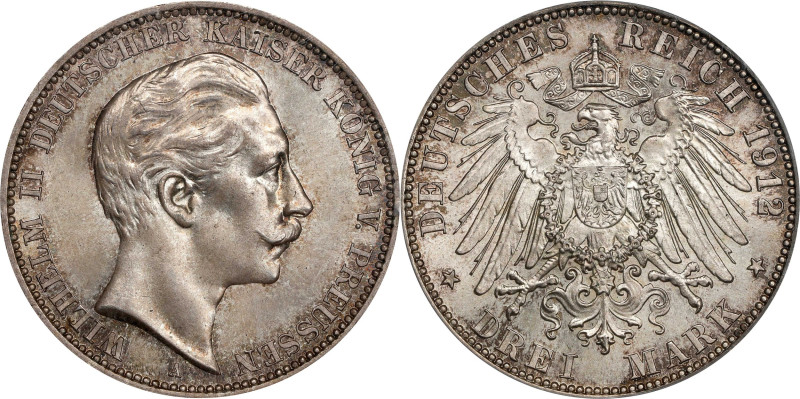 GERMANY. Prussia. 3 Mark, 1912-A. Berlin Mint. Wilhelm II. PCGS MS-65.
KM-535; ...