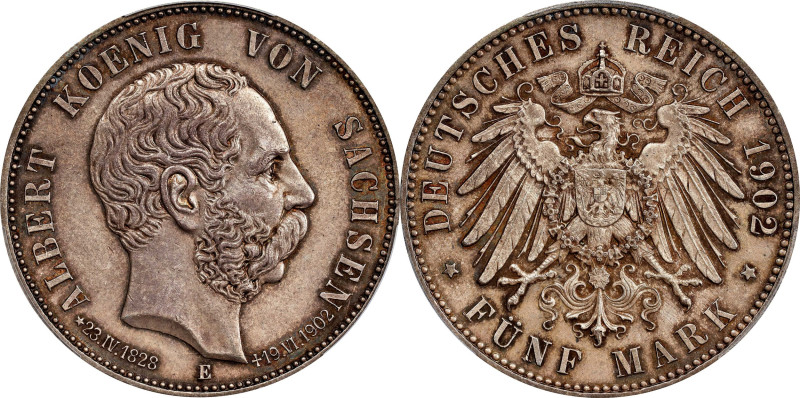 GERMANY. Saxony. 5 Mark, 1902-E. Muldenhutten Mint. Albert. PCGS MS-62.
KM-1256...