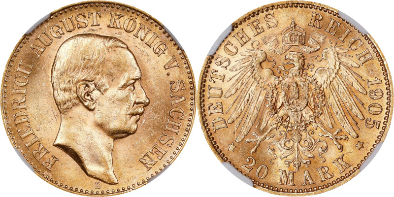 GERMANY. Saxony. 20 Mark, 1905-E. Muldenhutten Mint. Friedrich August III. NGC M...