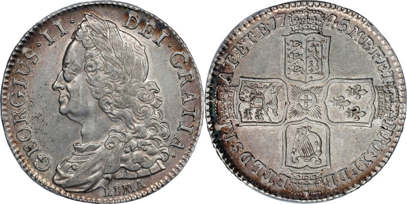 GREAT BRITAIN. 1/2 Crown, 1745/3-LIMA. London Mint. George II. PCGS AU-53.
S-36...