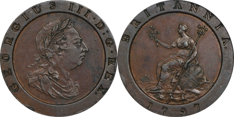 GREAT BRITAIN. 2 Pence, 1797. Birmingham (Soho) Mint. George III. NGC AU-55.
S-...