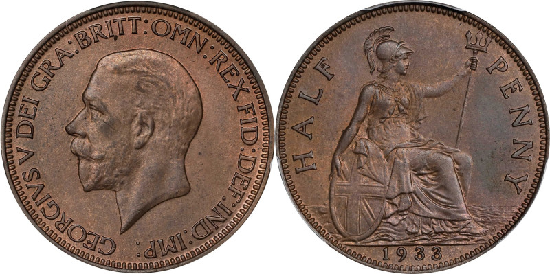 GREAT BRITAIN. 1/2 Penny, 1933. London Mint. George V. PCGS MS-65 Brown.
S-4058...