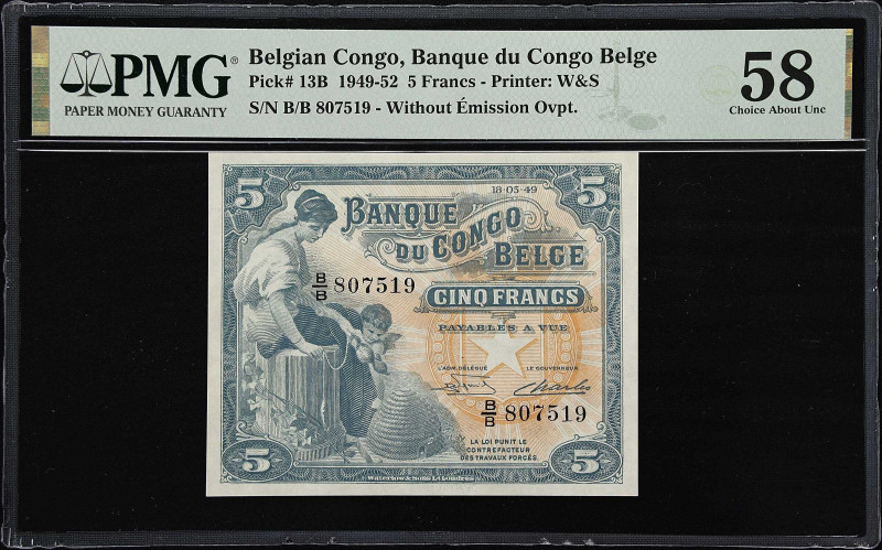 BELGIAN CONGO. Banque du Congo Belge. 5 Francs, 1949. P-13B. PMG Choice About Un...