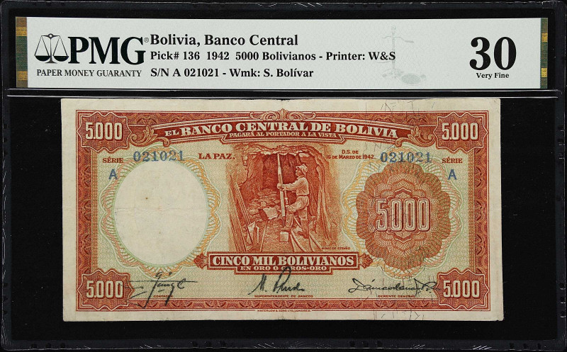 BOLIVIA. El Banco Central de Bolivia. 5000 Bolivianos, 1942. P-136. PMG Very Fin...