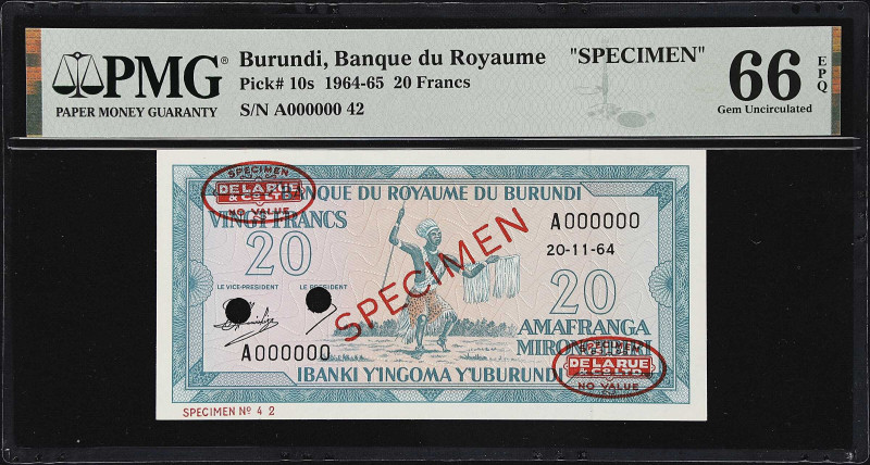 BURUNDI. Banque du Royaume. 20 Francs, 1964. P-10s. Specimen. PMG Gem Uncirculat...