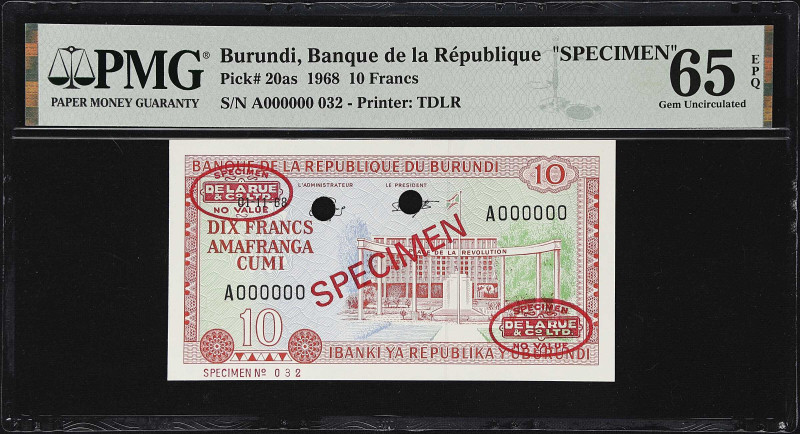 BURUNDI. Lot of (2). Banque de la Republique. 10 & 20 Francs, 1968. P-20as & 21a...