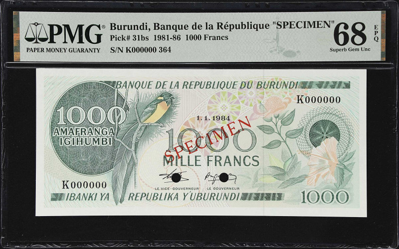 BURUNDI. Banque de la Republique. 1000 Francs, 1984. P-31bs. Specimen. PMG Super...