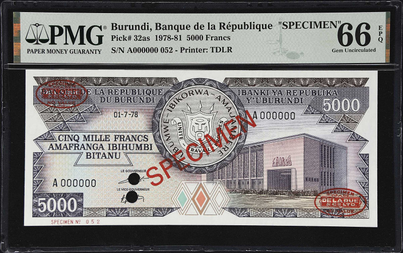 BURUNDI. Banque de la Republique. 5000 Francs, 1978. P-32as. Specimen. PMG Gem U...