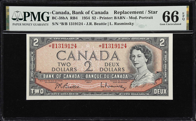 CANADA. Lot of (5). Bank of Canada. 2 Dollars, 1954. P-BC-38bA & 38cA. RB4 & RB5...