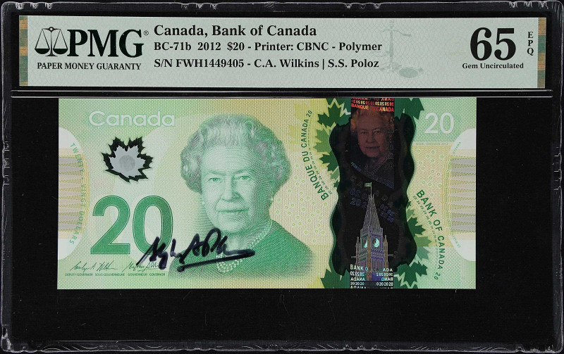 CANADA. Bank of Canada. 20 Dollars, 2012. P-BC-71b. PMG Gem Uncirculated 65 EPQ....