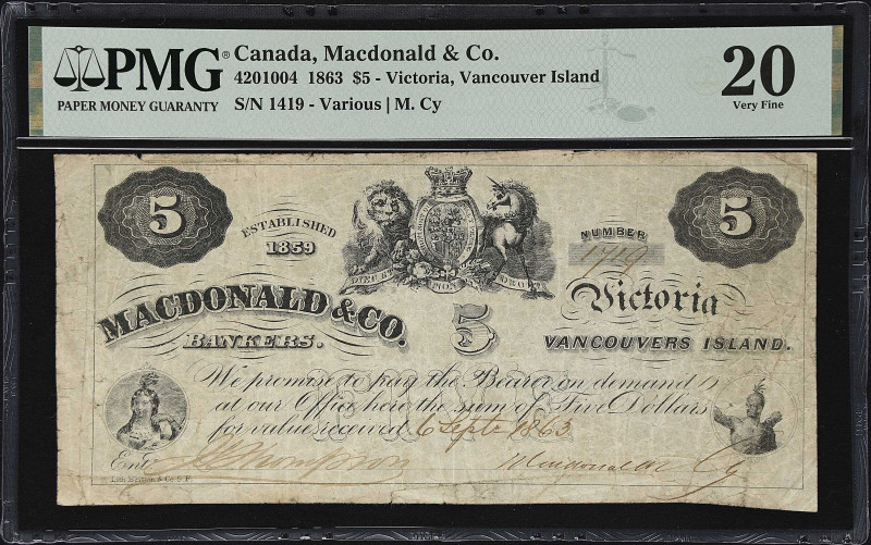 CANADA. Macdonald & Co. 5 Dollars, 1863. CH #420-10-04. PMG Very Fine 20.
Signe...