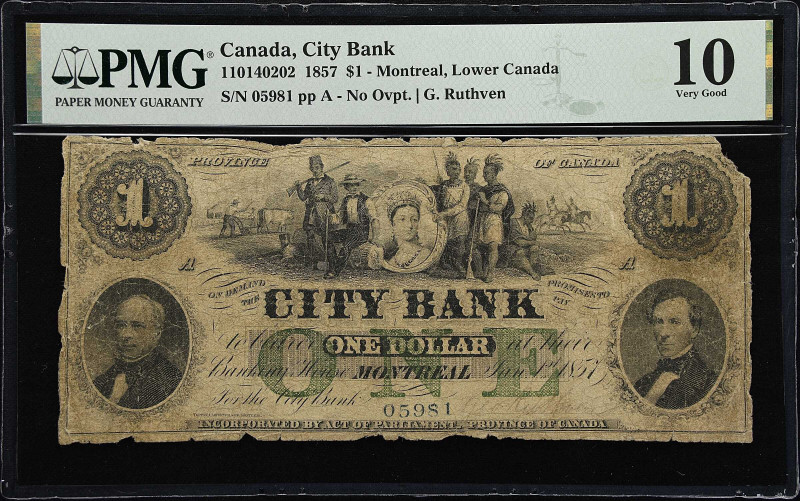 CANADA. City Bank. 1 Dollar, 1857. P-CH #110-14-02-02. PMG Very Good 10.
PMG Co...