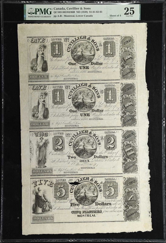 CANADA. Cuvillier & Sons. 1, 2 & 5 Dollars, ND (1838). P-Unlisted. Sheet of 4. P...