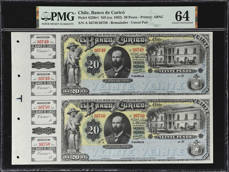 CHILE. Banco de Curico. 20 Pesos, ND (ca. 1882). P-S220r1. PMG Choice Uncirculat...