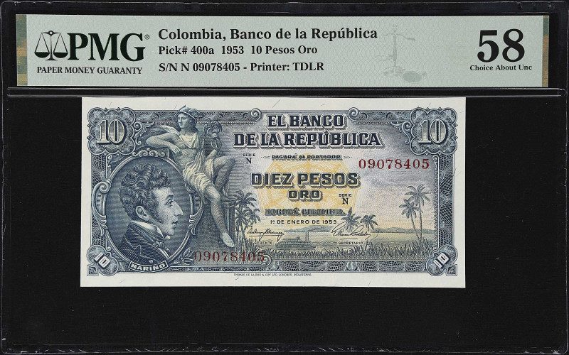 COLOMBIA. Banco de la Republica. 10 Pesos Oro, 1953. P-400a. PMG Choice About Un...