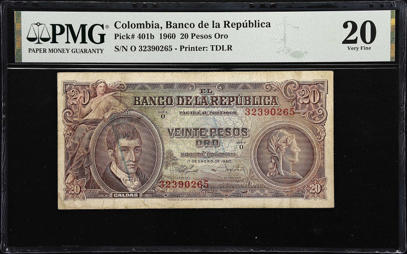 COLOMBIA. Banco de la Republica. 20 Pesos Oro, 1960. P-401b. PMG Very Fine 20.
...