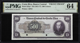 COSTA RICA. Banco Central de Costa Rica. 500 Colones, ND (1951-77). P-225p1. Front Proof. PMG Choice Uncirculated 64.

Estimate: $300.00- $500.00