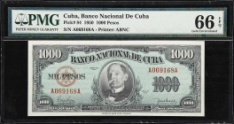 CUBA. Lot of (3). Banco Nacional de Cuba. 1, 5 & 1000 Pesos, 1950-58. P-84, 87a & 91a. PMG Gem Uncirculated 65 EPQ to 66 EPQ.

Estimate: $200.00- $3...