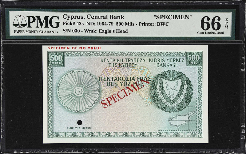 CYPRUS. Central Bank of Cyprus. 500 Mils, ND (1964-79). P-42s. Specimen. PMG Gem...