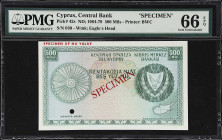 CYPRUS. Central Bank of Cyprus. 500 Mils, ND (1964-79). P-42s. Specimen. PMG Gem Uncirculated 66 EPQ.

Estimate: $400.00- $700.00