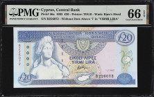 CYPRUS. Central Bank of Cyprus. 20 Pounds, 1992. P-56a. PMG Gem Uncirculated 66 EPQ.

Estimate: $250.00- $450.00