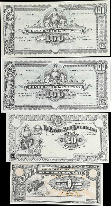 ECUADOR. Lot of (4). Banco Sur Americano. 1, 20 & 100 Sucres, 1920. P-S251r, S25...