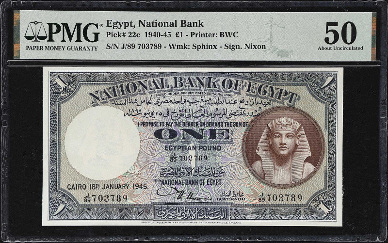 EGYPT. National Bank of Egypt. 1 Pound, 1945. P-22c. PMG About Uncirculated 50....