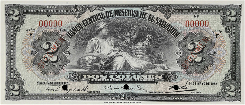 EL SALVADOR. Banco Central de Reserva de El Salvador. 2 Colones, 1952. P-76as. S...