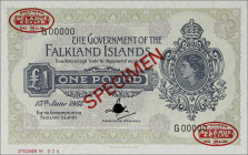 FALKLAND ISLANDS. Government of the Falkland Islands. 1 Pound, 1982. P-8es. Specimen.
Specimen note printed by TDLR. Queen Elizabeth II at the right,...