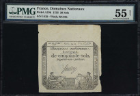 FRANCE. Lot of (2). Republique Francaise & Domaines Nationaux. 50 Sols & 5 Livres, ND (1793). P-A70b & A76. PMG About Uncirculated 55 NET & About Unci...