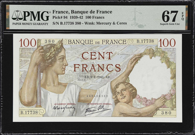 FRANCE. Banque de France. 100 Francs, 1941. P-94. PMG Superb Gem Uncirculated 67...