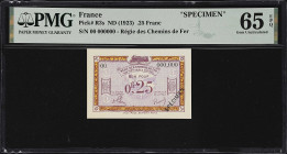 FRANCE. Regie des Chemins de Fer des Territoires Occupes. .25 Franc, ND (1923). P-R3s. Specimen. PMG Gem Uncirculated 65 EPQ.

Estimate: $200.00- $3...