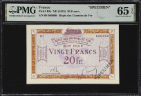 FRANCE. Regie des Chemins de Fer des Territoires Occupes. 20 Francs, ND (1923). P-R8s. Specimen. PMG Gem Uncirculated 65 EPQ.

Estimate: $200.00- $3...