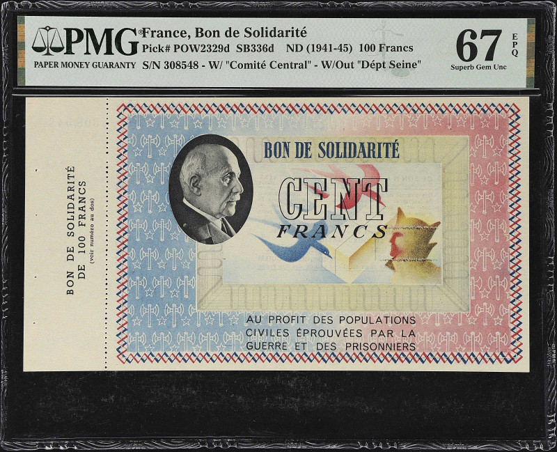 FRANCE. Bon de Solidarite. 100 Francs, ND (1941-45). P-Unlisted. PMG Superb Gem ...