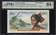 FRENCH ANTILLES. Institut d'Emission des Departements d'Outre-Mer. 10 Nouveaux Francs, ND (1963). P-5s. Specimen. PMG Choice Uncirculated 64 EPQ.

E...