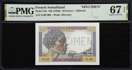 FRENCH SOMALILAND. Banque de l'Indochine. 10 Francs, ND (1946). P-19s. Specimen. PMG Superb Gem Uncirculated 67 EPQ.

Estimate: $100.00- $200.00