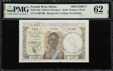 FRENCH WEST AFRICA. Banque de l'Afrique Occidentale. 25 Francs, ND (1943-54). P-38s. Specimen. PMG Uncirculated 62.
PMG Comments "Stains."

Estimat...